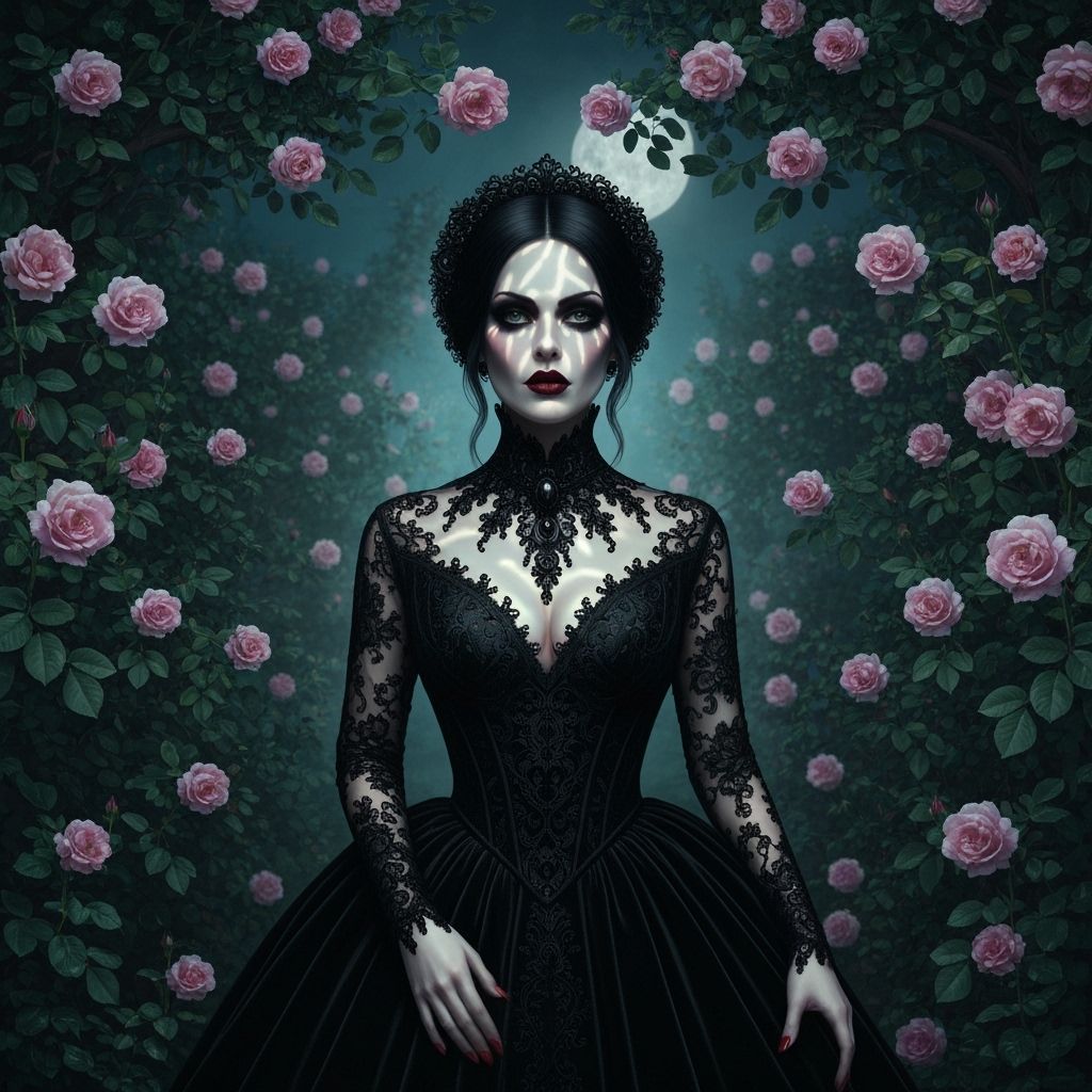 Gothic Woman in Rose Garden at Midnight