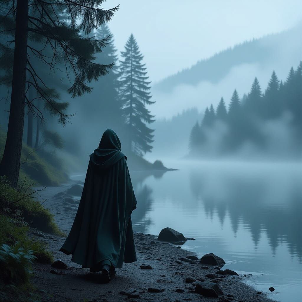 Ethereal Woman Walking Along Foggy Lake Shore