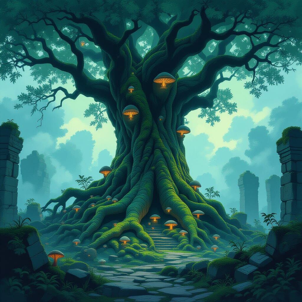 Ancient Tree Engulfs Ruins in Twilight Fantasy