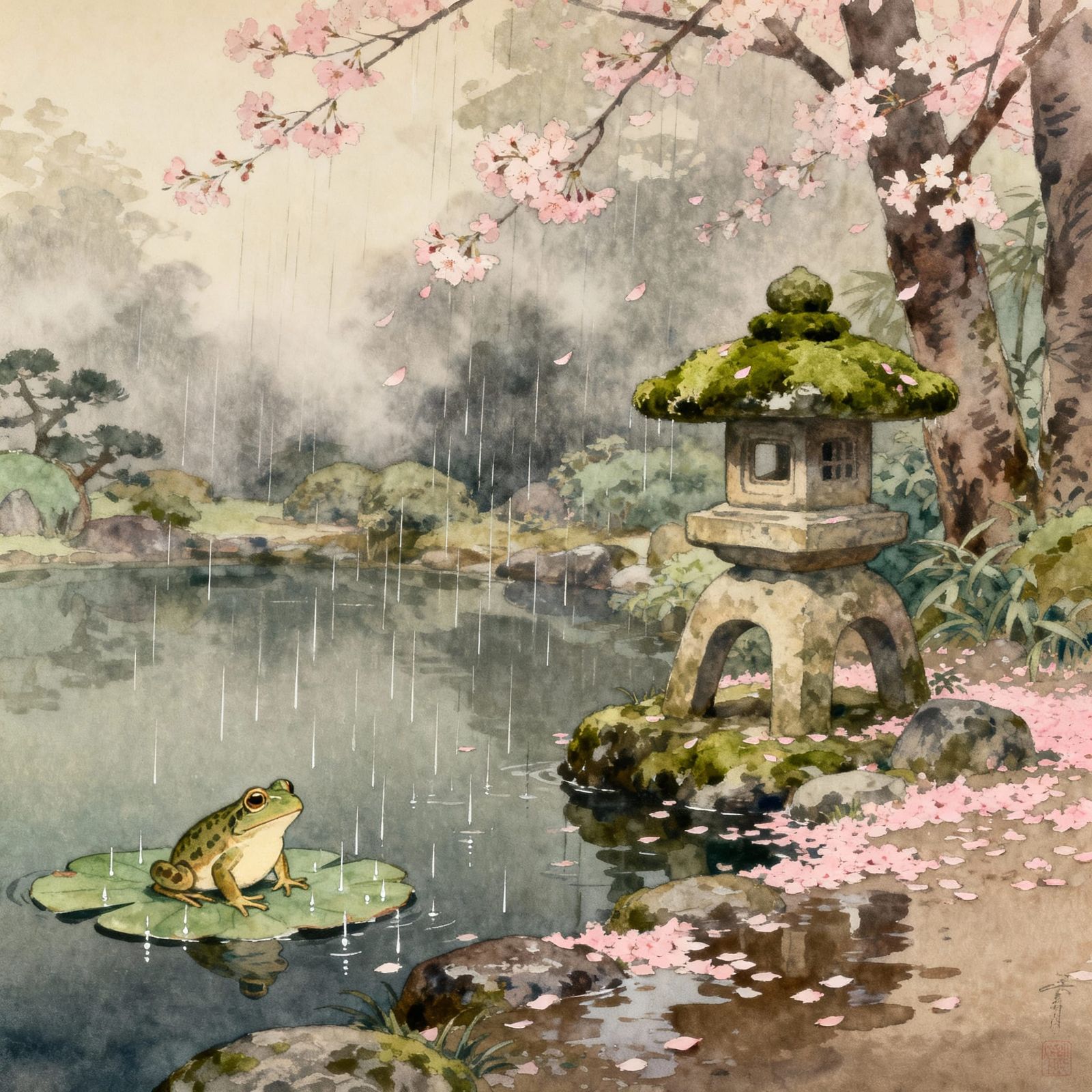 Tranquil Japanese Garden in Gentle Rain