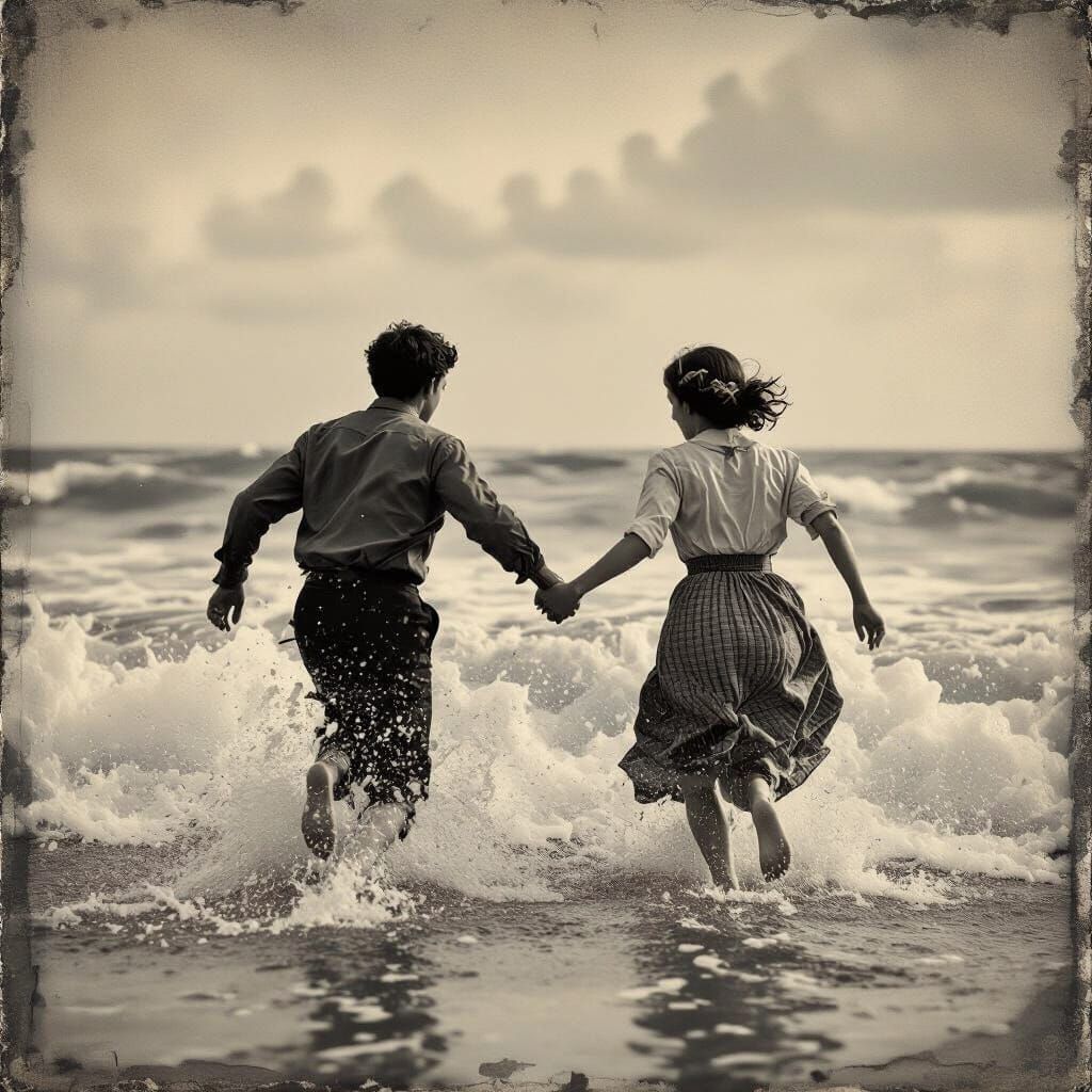 Teenagers Jumping Waves in Vintage Tintype Style