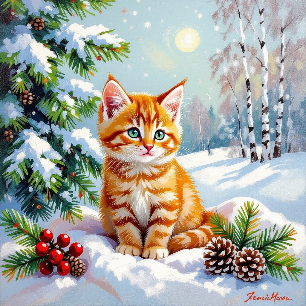 Cute Ginger Kitten in Snowy Pine Forest Oil Painting