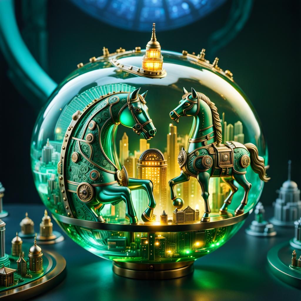 Celestial Steampunk Glass Horse with Miniature City