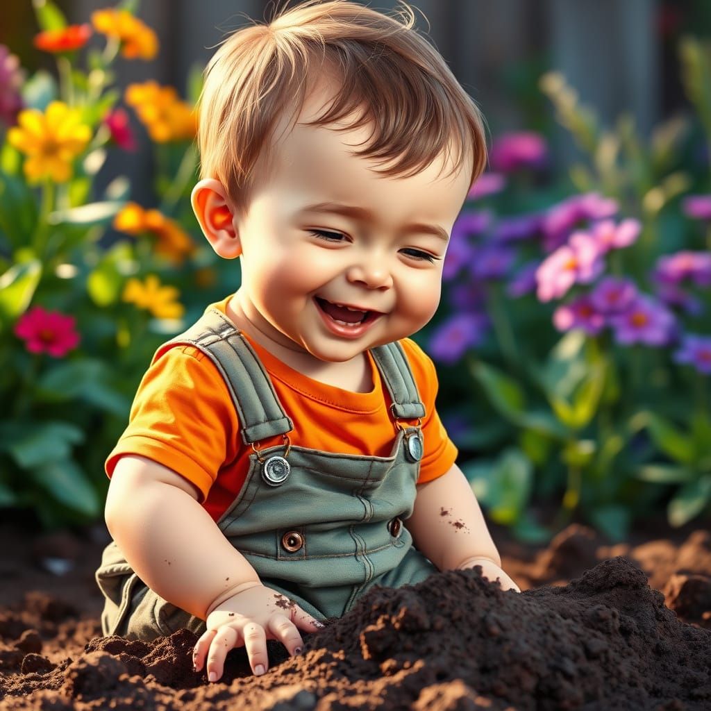 Joyful Childhood in Vibrant Garden Scene, Semi-Realistic Dig...