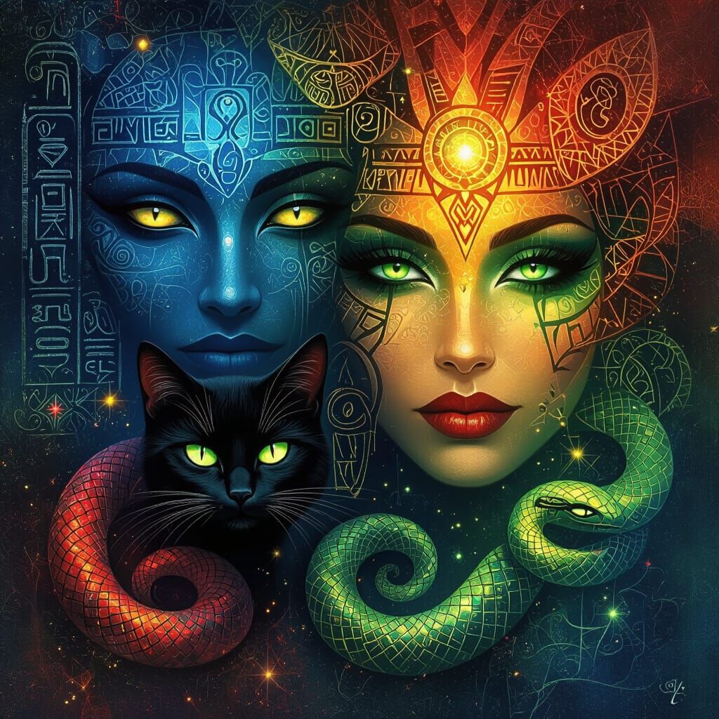 Mystical Voodoo Abstract Art with Cat and Serpent