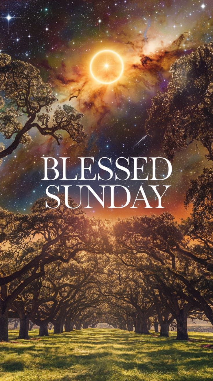 Oak Trees in Sunny Forest with Celestial Sky