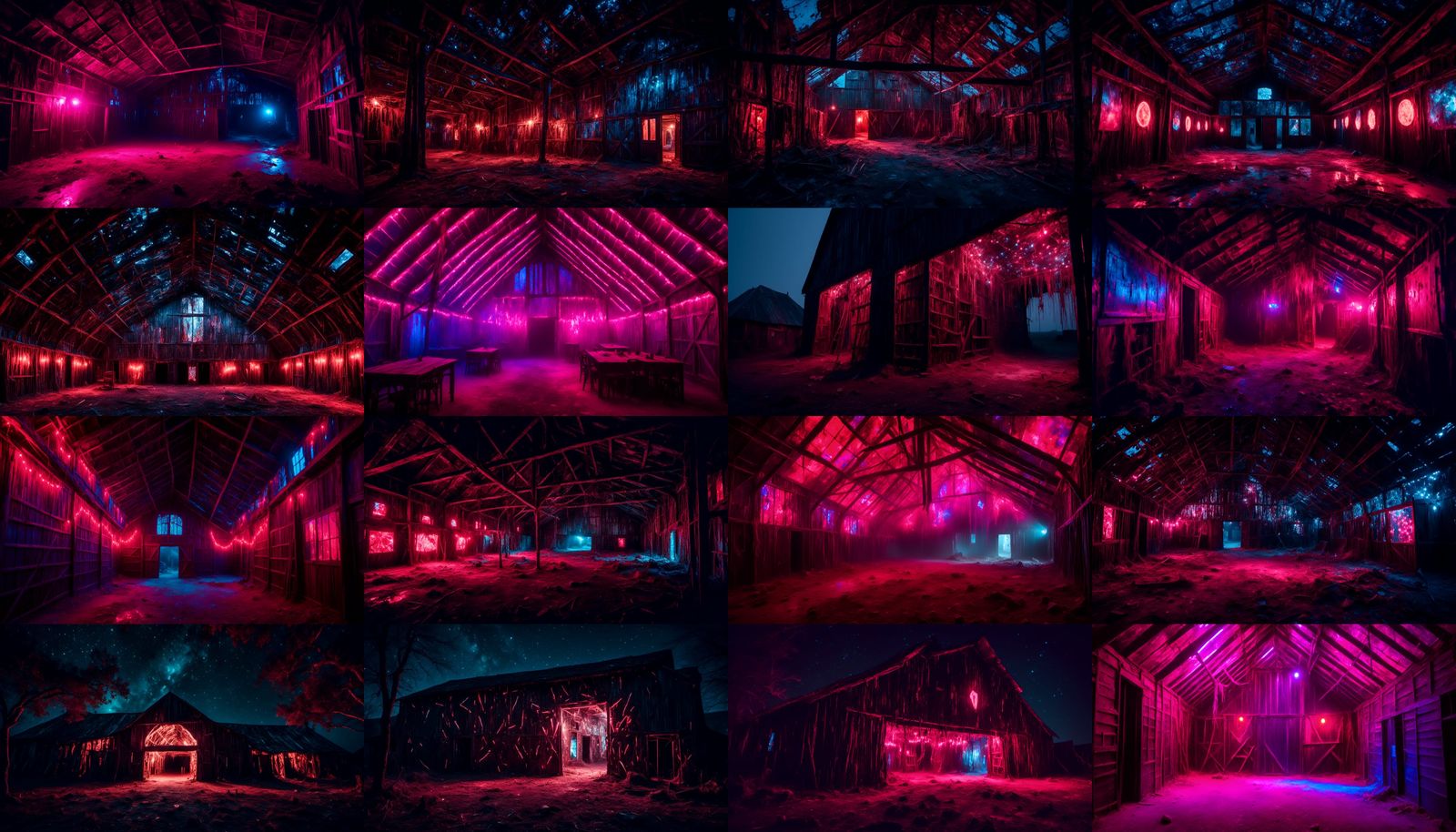 Neon Glow in a Macabre Barn at Night