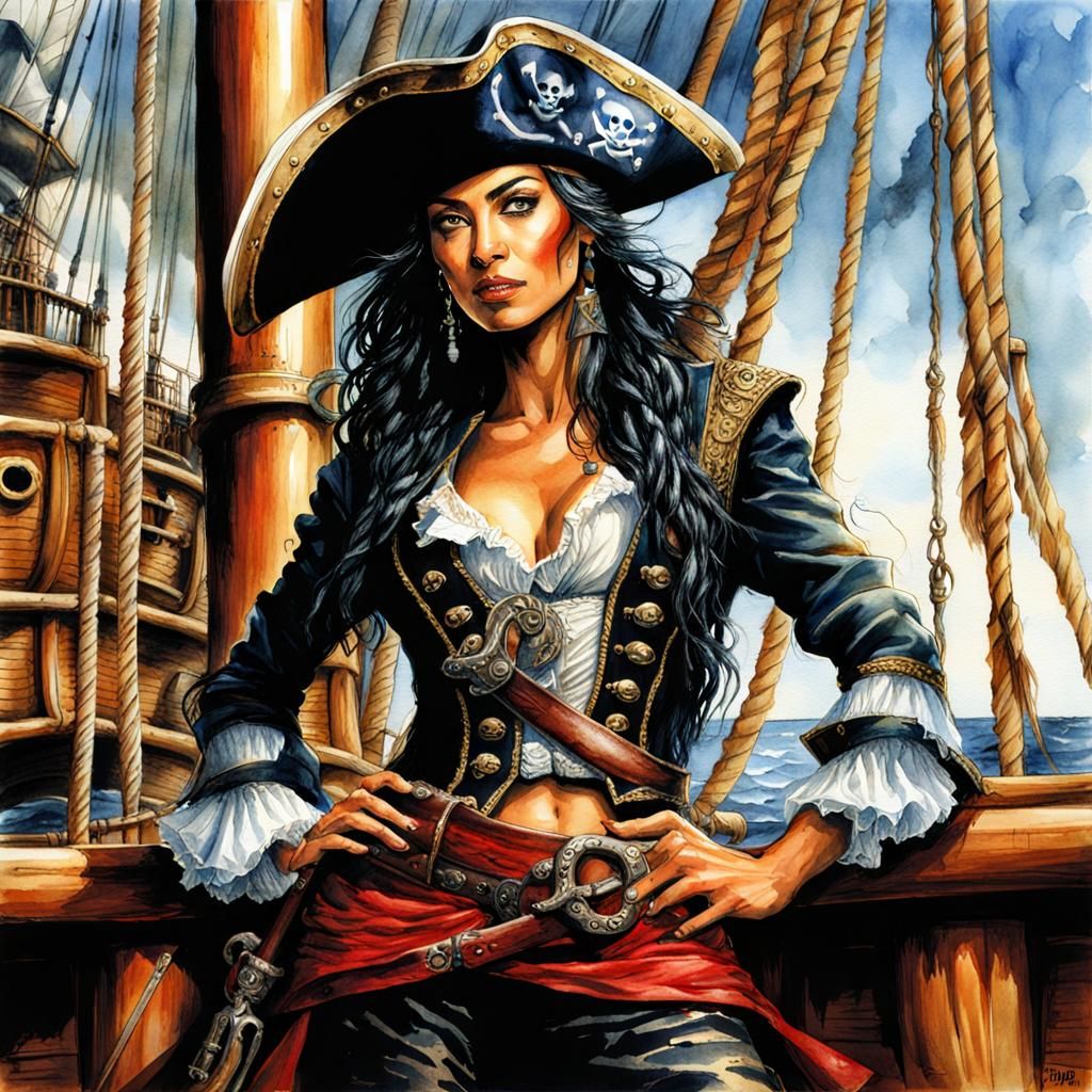 Fierce Pirate Captain Illustration in Watercolor Style