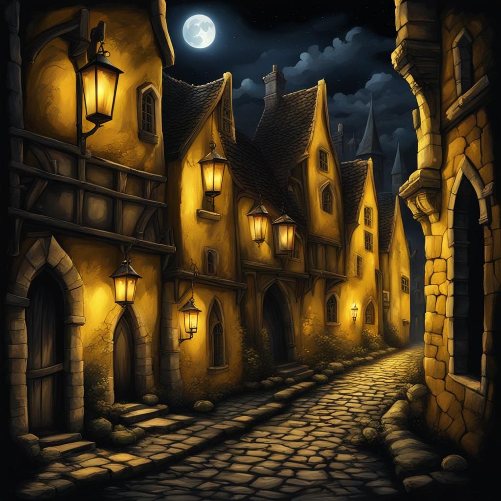 Eerie Moonlit Alleyway in Medieval Fantasy Style