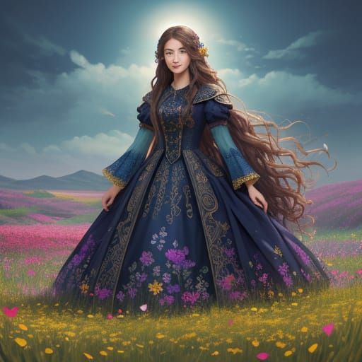 Young Girl in Vibrant Flower Field, Fantasy Art