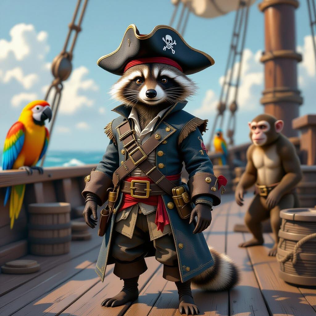 Raccoon Pirate Captain and Crew in Detailed Digital Art