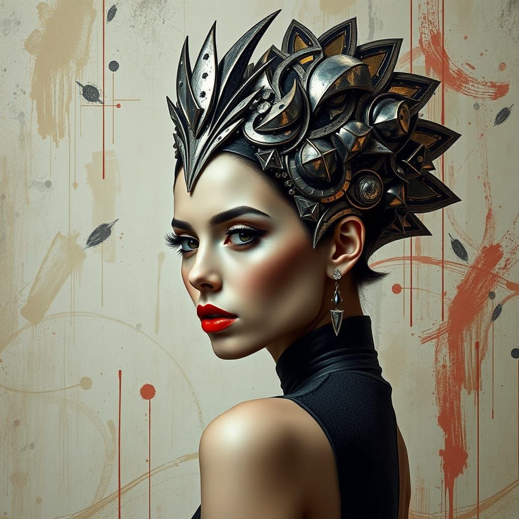 Elegant Woman in Futuristic Headpiece against Abstract Backg...