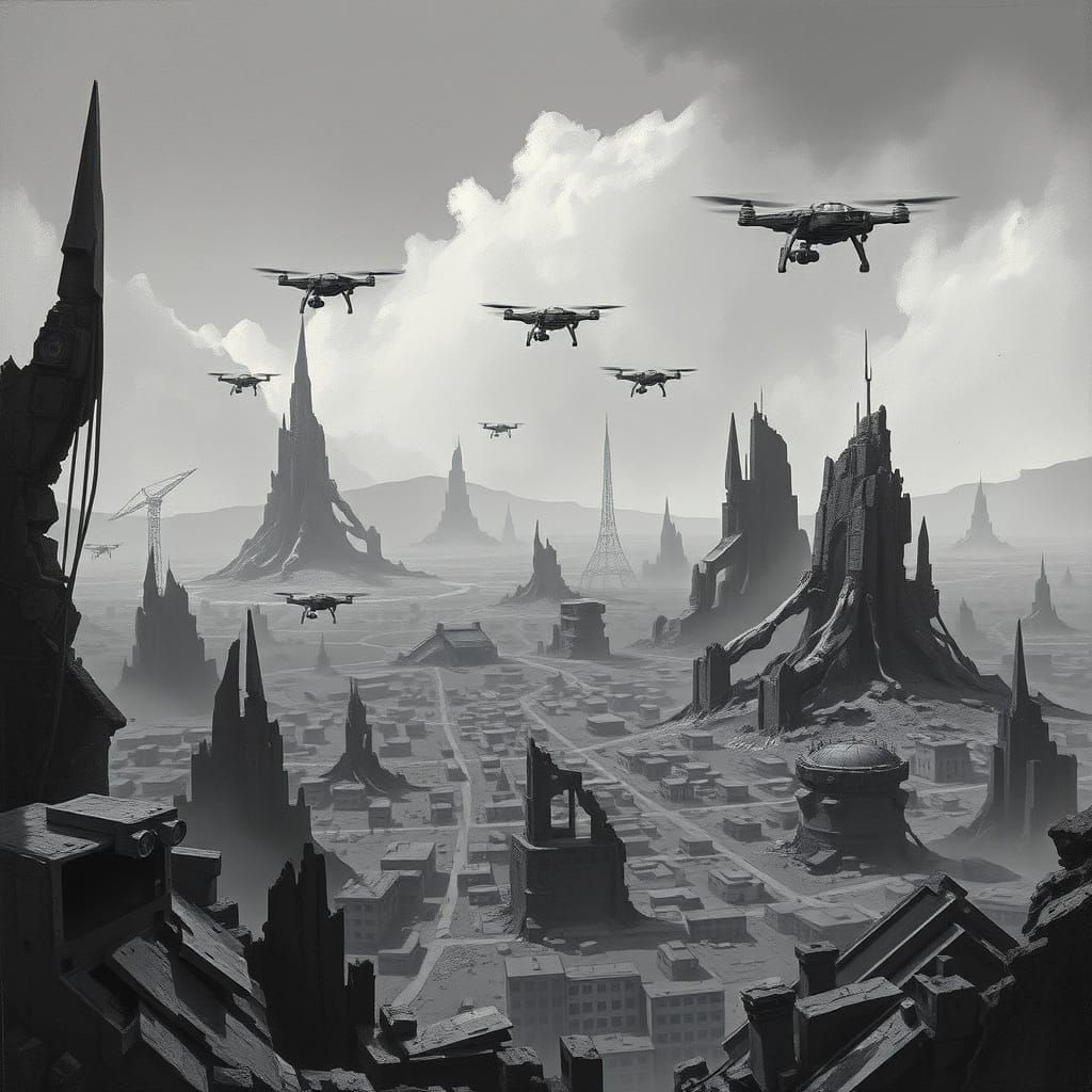 Cyberpunk Apocalypse: Desolate Yet Lively Oil Painting