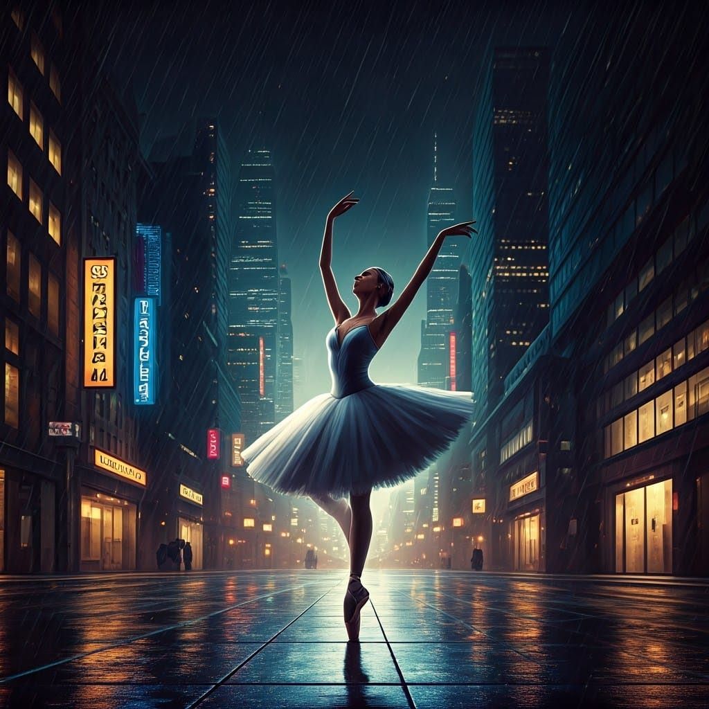 Ballerina Dancing in Rainy Cyberpunk Cityscape