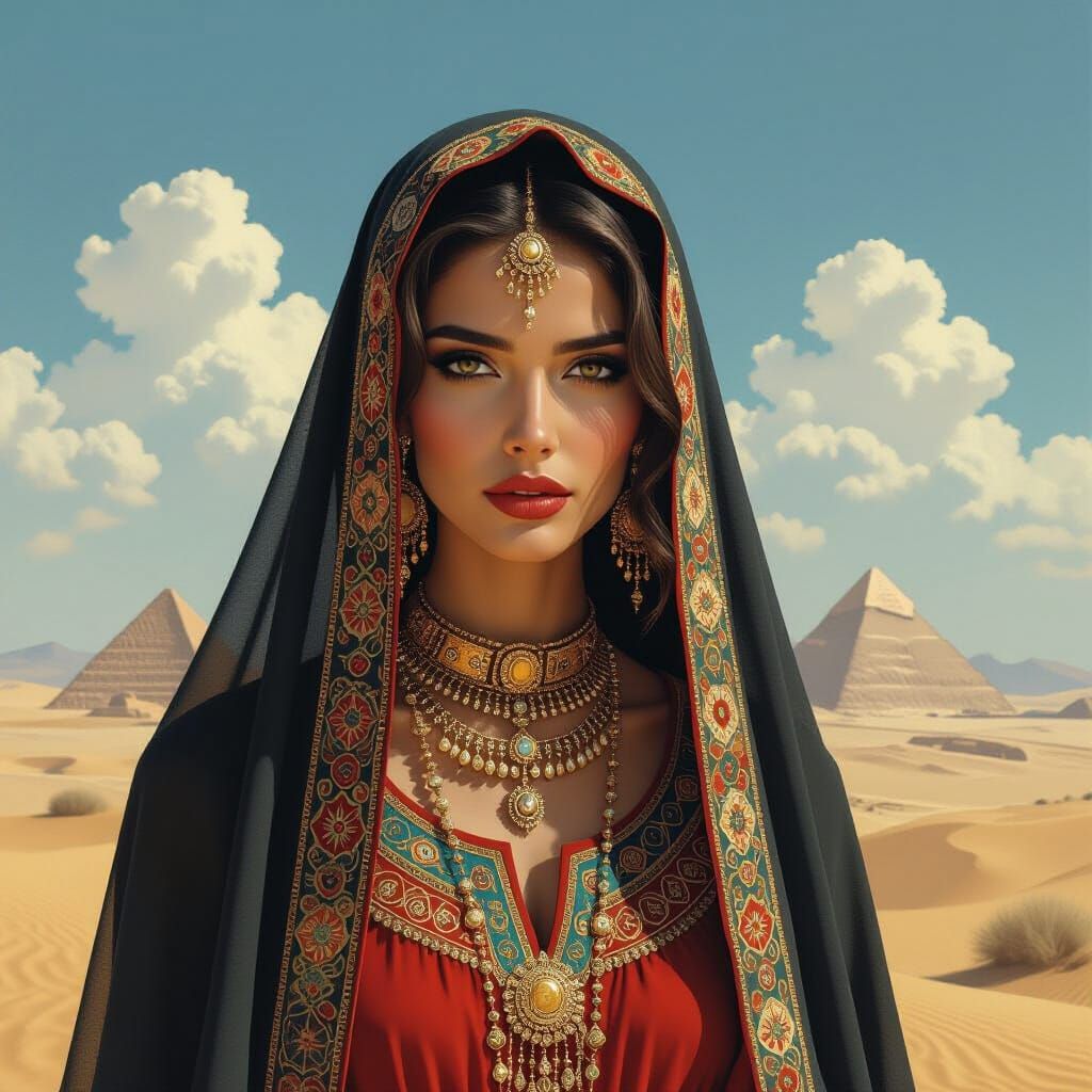 Mysterious Woman with Jeweled Veil in Desert Landscape