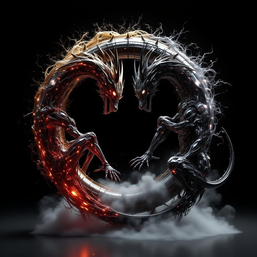 Chrome Dragons in Yin Yang Shape: Hyperrealistic Concept Art