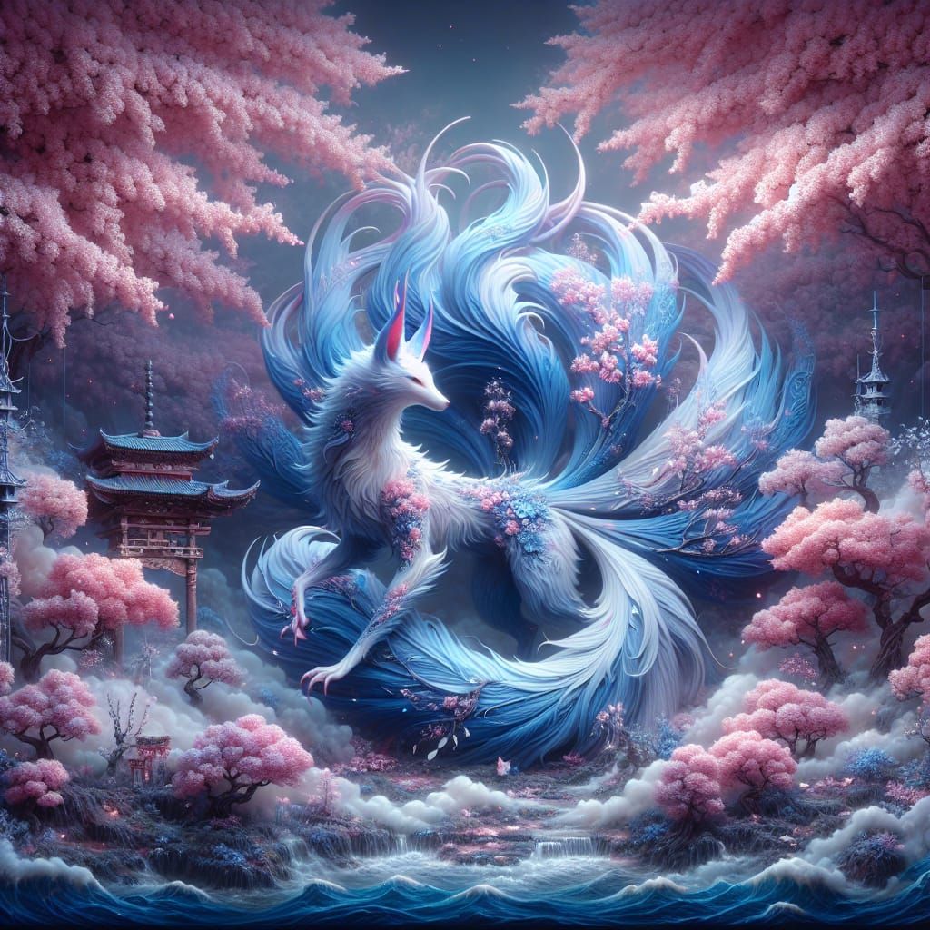 Blue Kitsune in Sakura Mist: A Fantasy Scene
