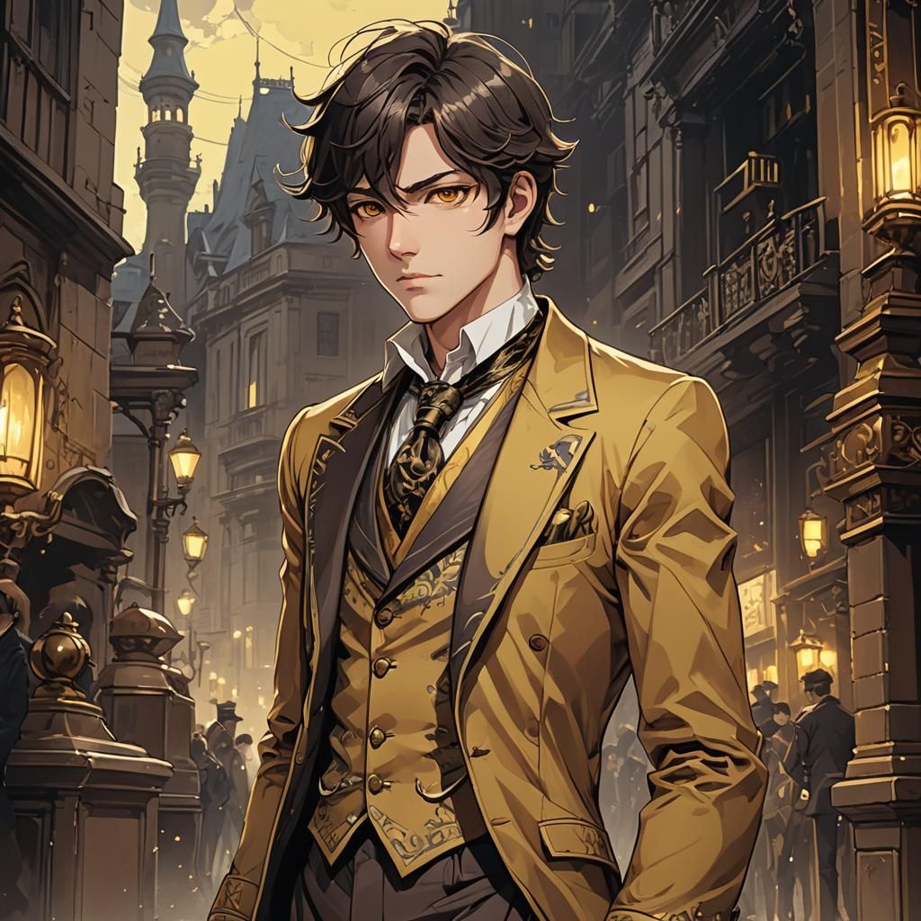 Victorian Man with Yellow Eyes in Anime Style