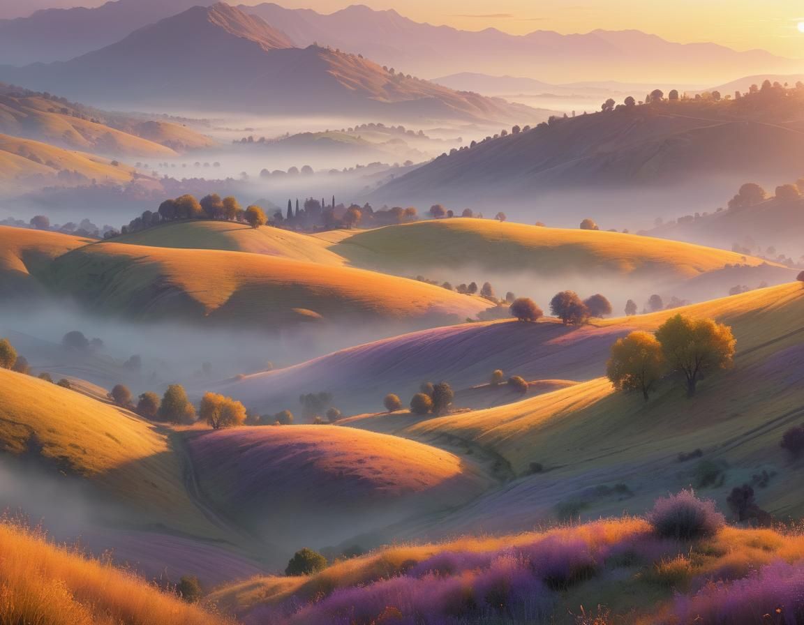Serene Sunrise Over Rolling Hills in Impressionist Style
