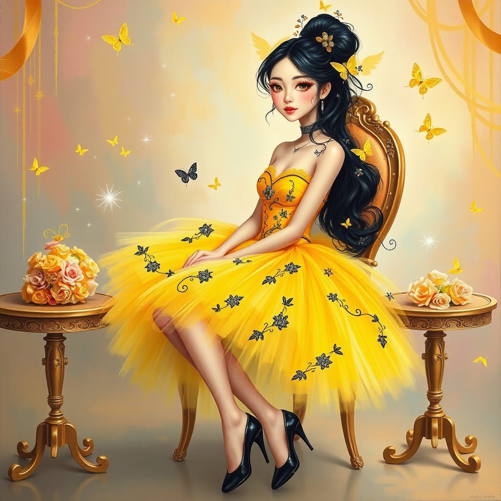 Whimsical Young Woman in Elegant Acrylic Oil Painting