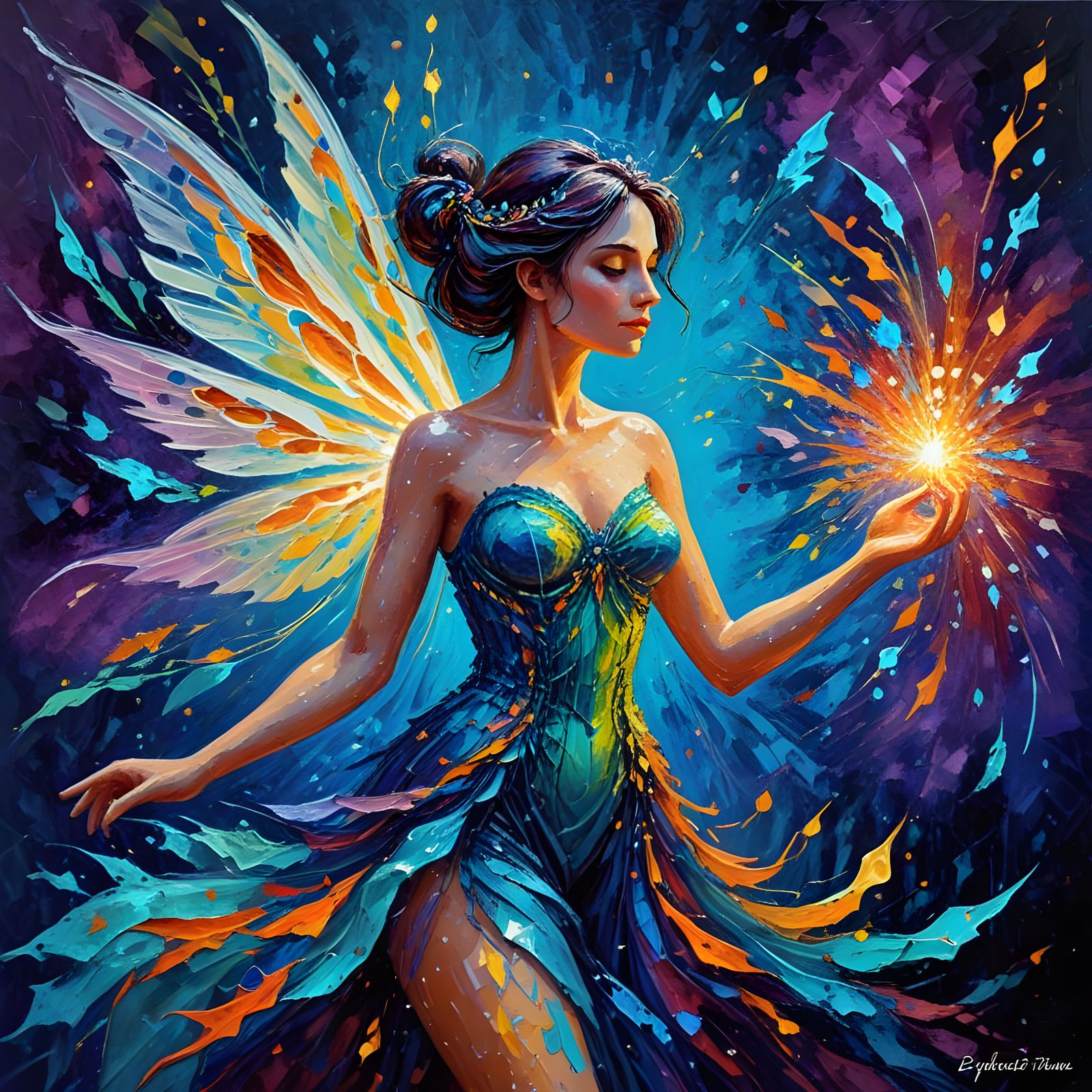 Celestial Fairy Holding Magic Light as Impasto Painting