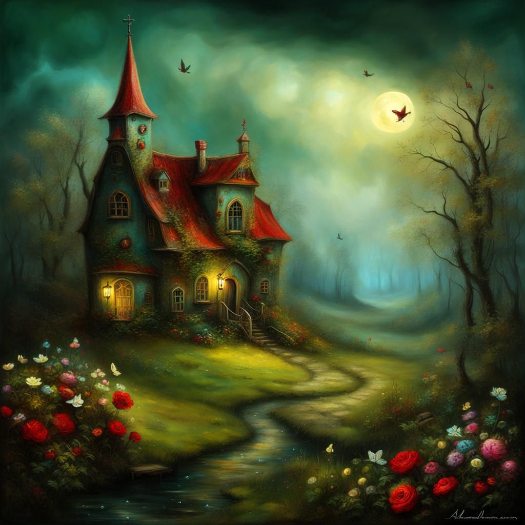 Whimsical Landscape in Dark Fairytale Style