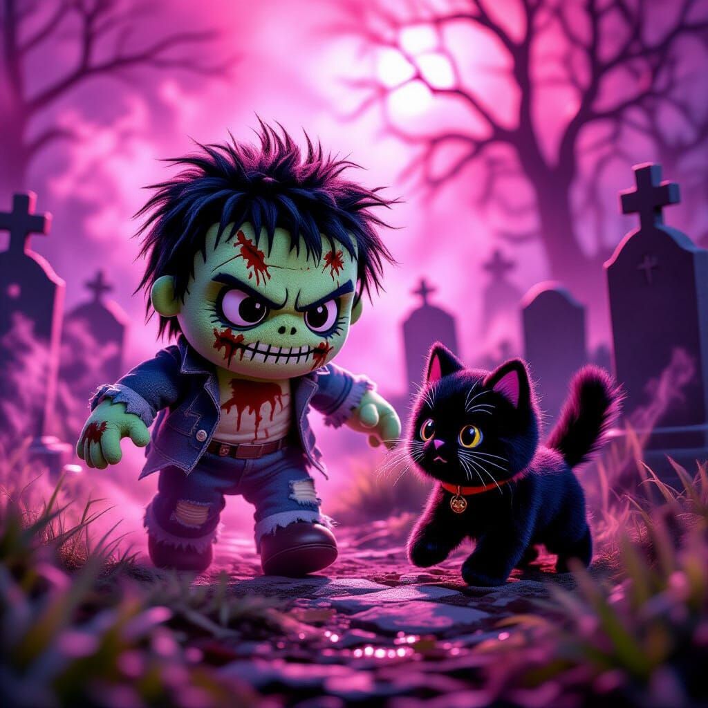 Fluffy Frankenstein Plushie Chases Cat Through Spooky Gravey...