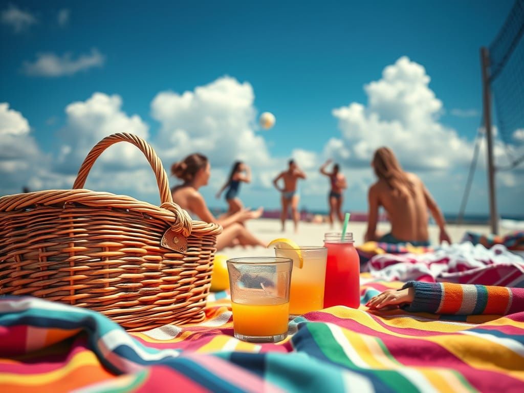 Vibrant Beach Picnic Scene with Volleyball Game