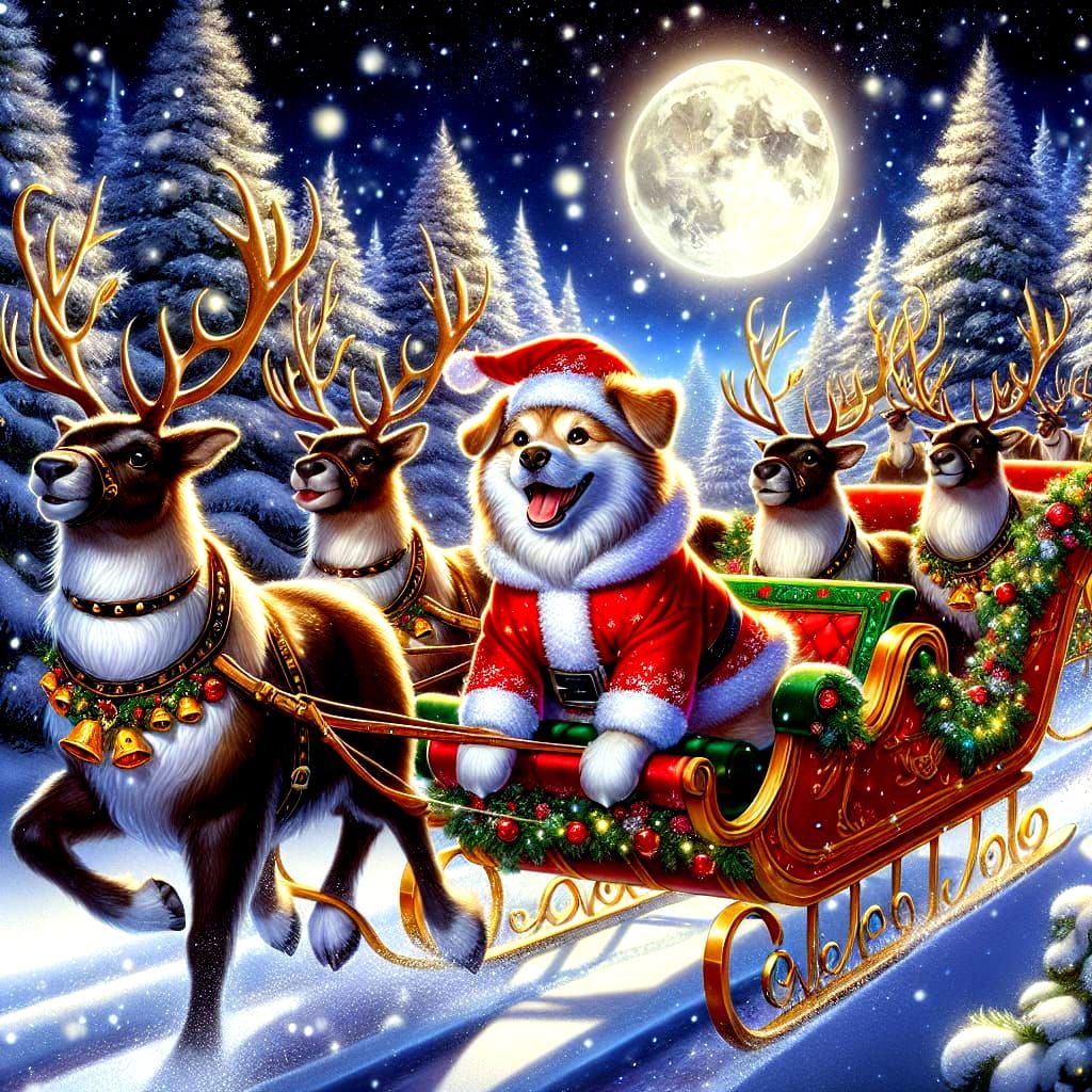 Joyful Dog in Santa Suit Leads Reindeer Through Festive Wint...