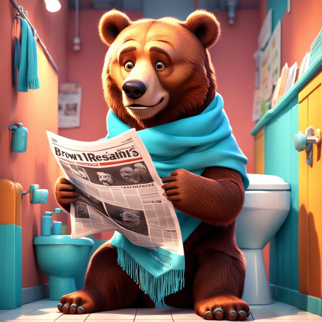 Bear on Toilet Reading Newspaper: 3D Digital Art