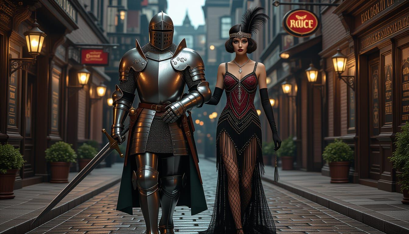 Medieval Knight Escorts Flapper to Speakeasy in Fantasy Art