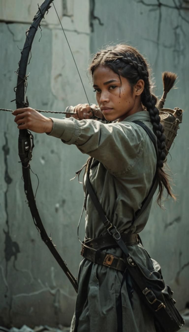 Woman Archer Walks Abandoned Street in Photorealistic Style