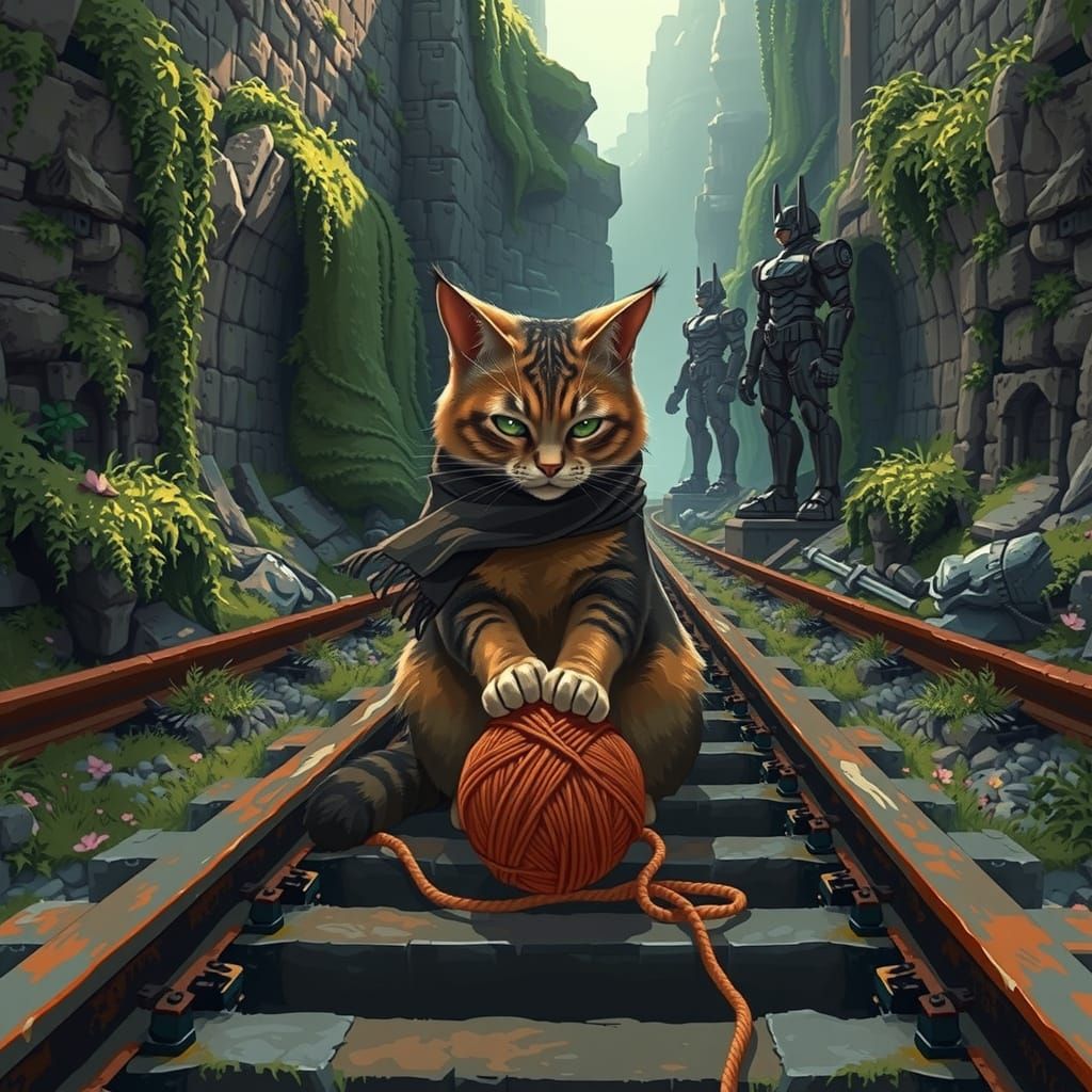 Regal Cat Surrounded by Ancient Ruins and Unraveling Yarn