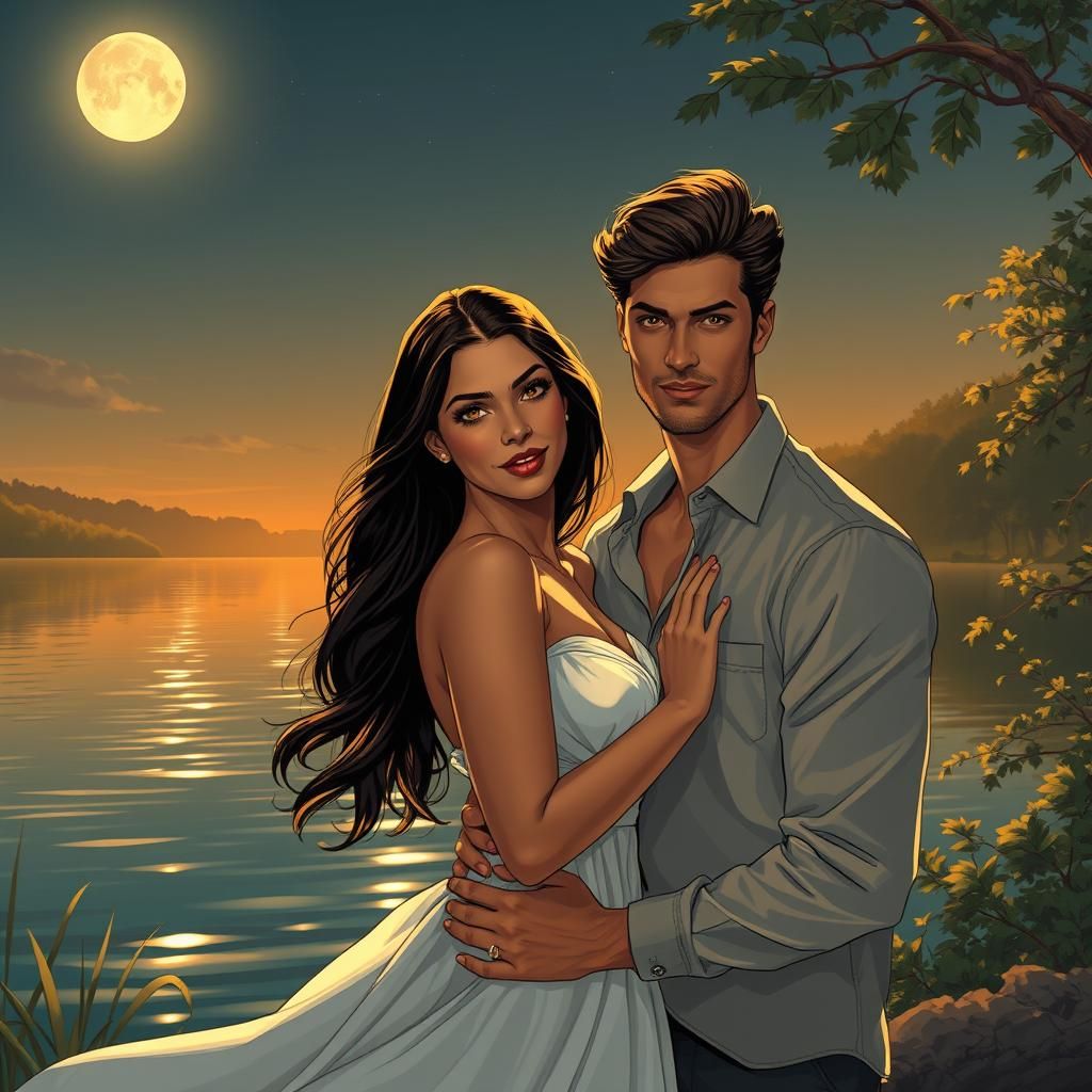 Romantic Lakeside Couple in Comic Book Style