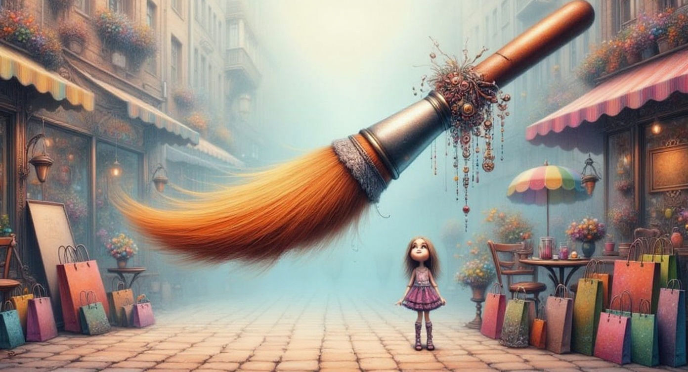 Painter's Brush Floating in Air with Whimsical Style