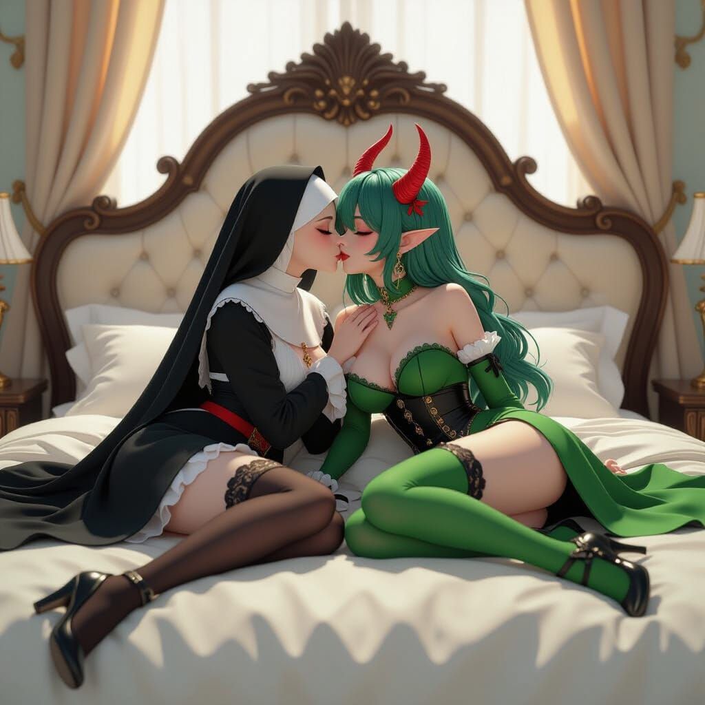 Nun and Demon Embrace in Anime-Inspired 3D Art