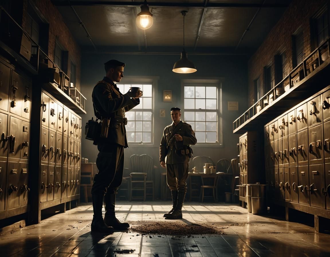 Soldier Drinks Coffee in Dimly Lit Barracks