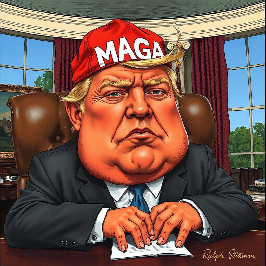 Satirical Dunce in Oval Office, Steadman Style