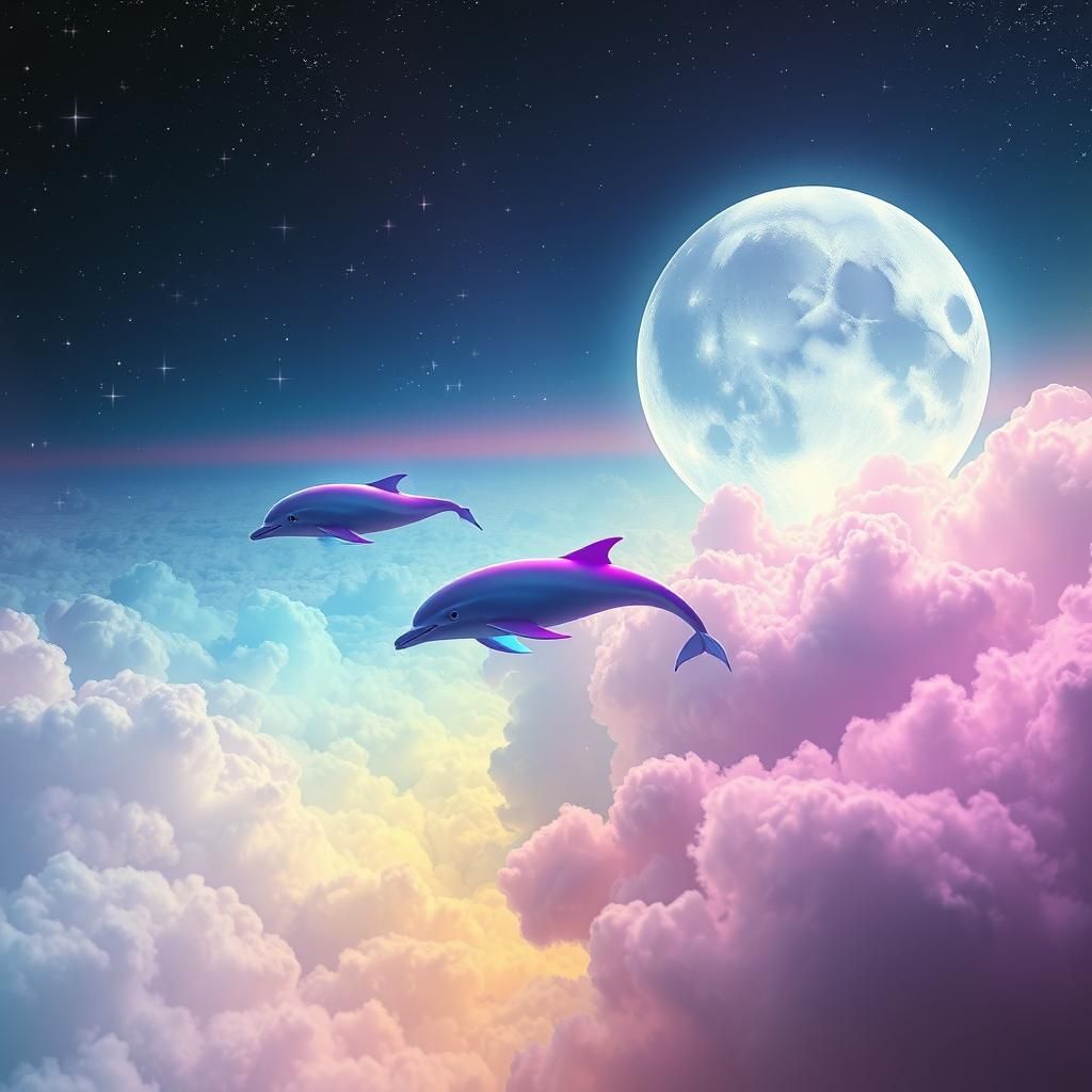 Enchanting Fantasy: Neon Dolphins in Cyberpunk Sky