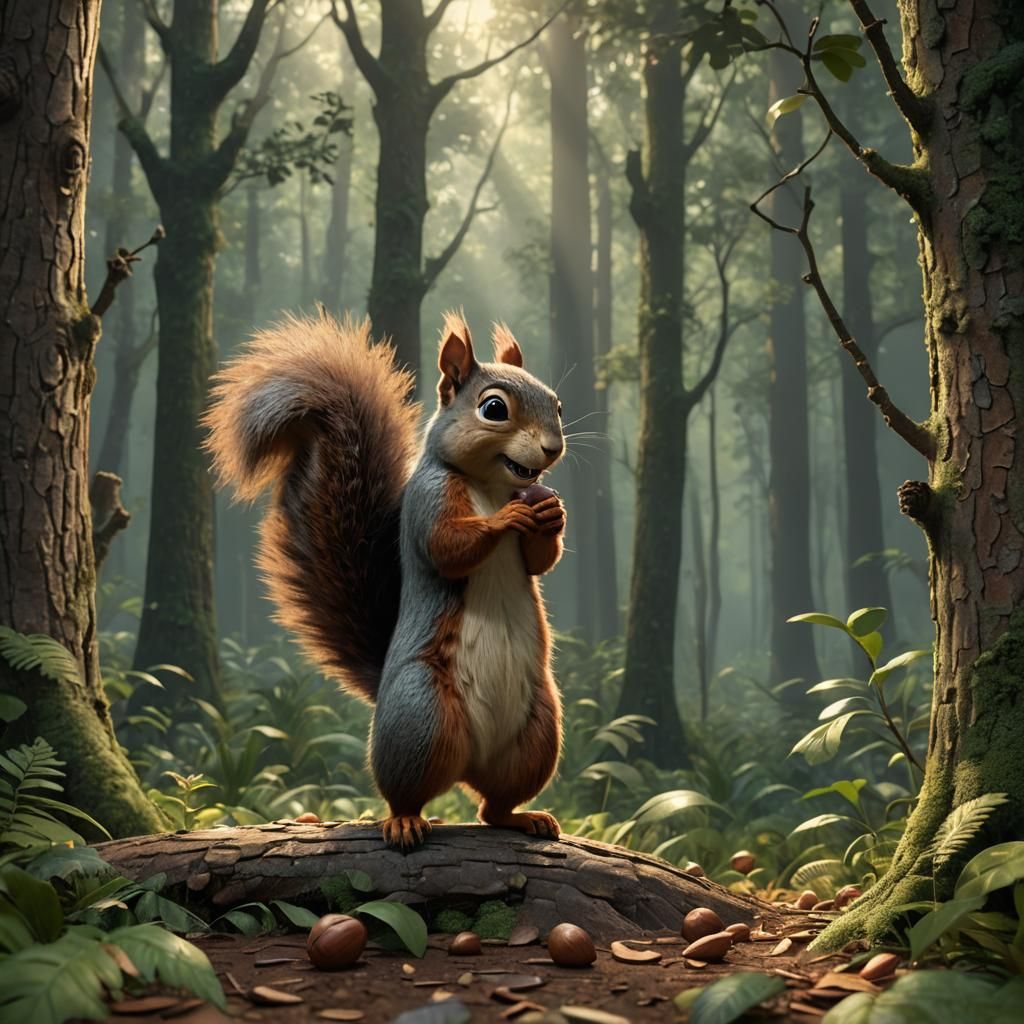 Squirrel Lifts Nut: 3D Digital Art