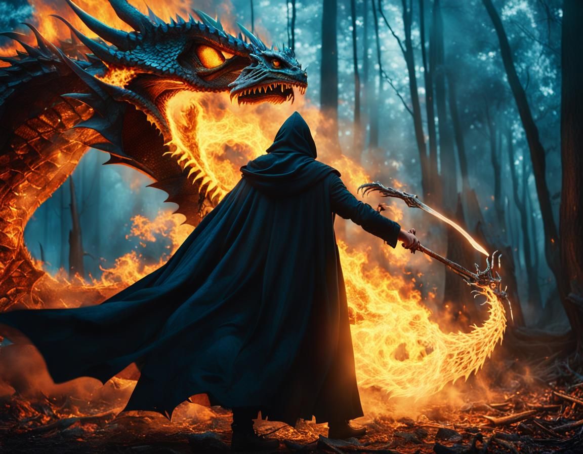 Wizard and Dragon Duel in Epic Fantasy Setting