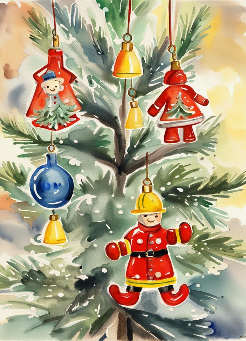 Vintage Fireman Ornaments on Christmas Tree with Picasso Pos...