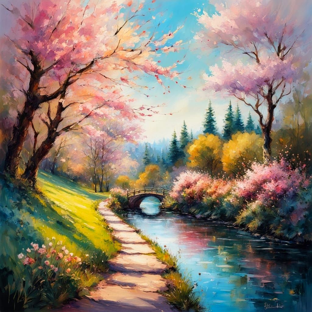 Cherry Blossom Countryside Scene in Vibrant Colors