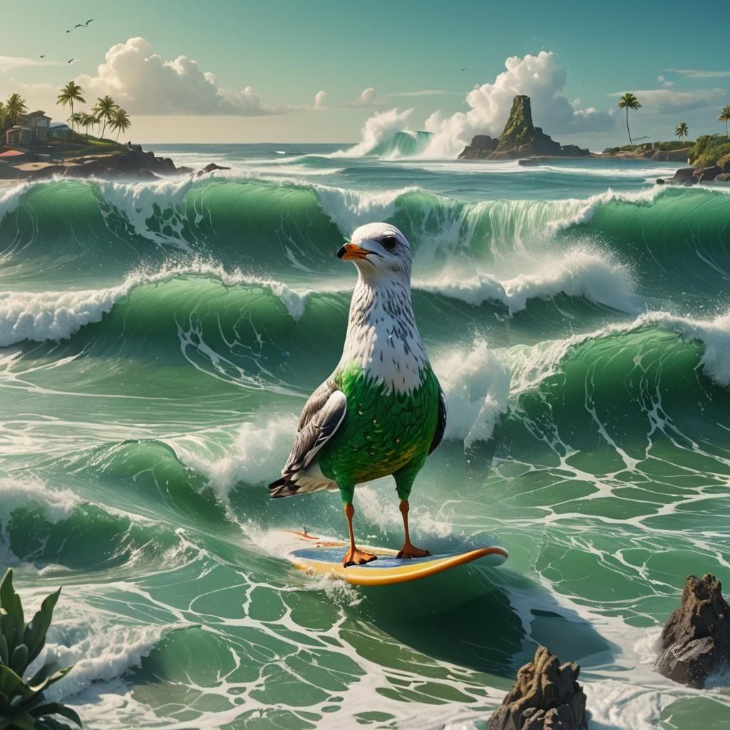 Cat Surfing Data Stream Ocean, Digital Art