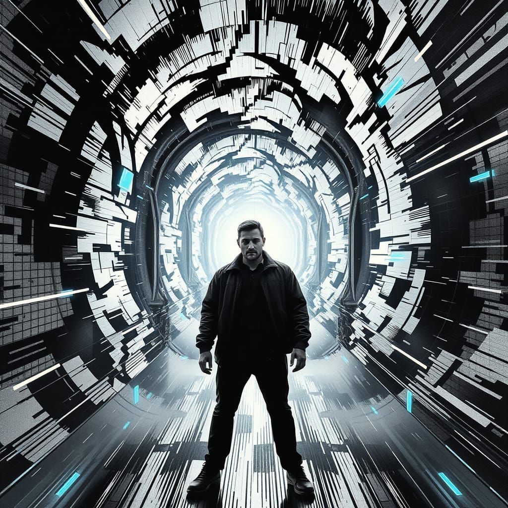 Man in Retro-Futuristic Cityscape with Swirling Vortexes