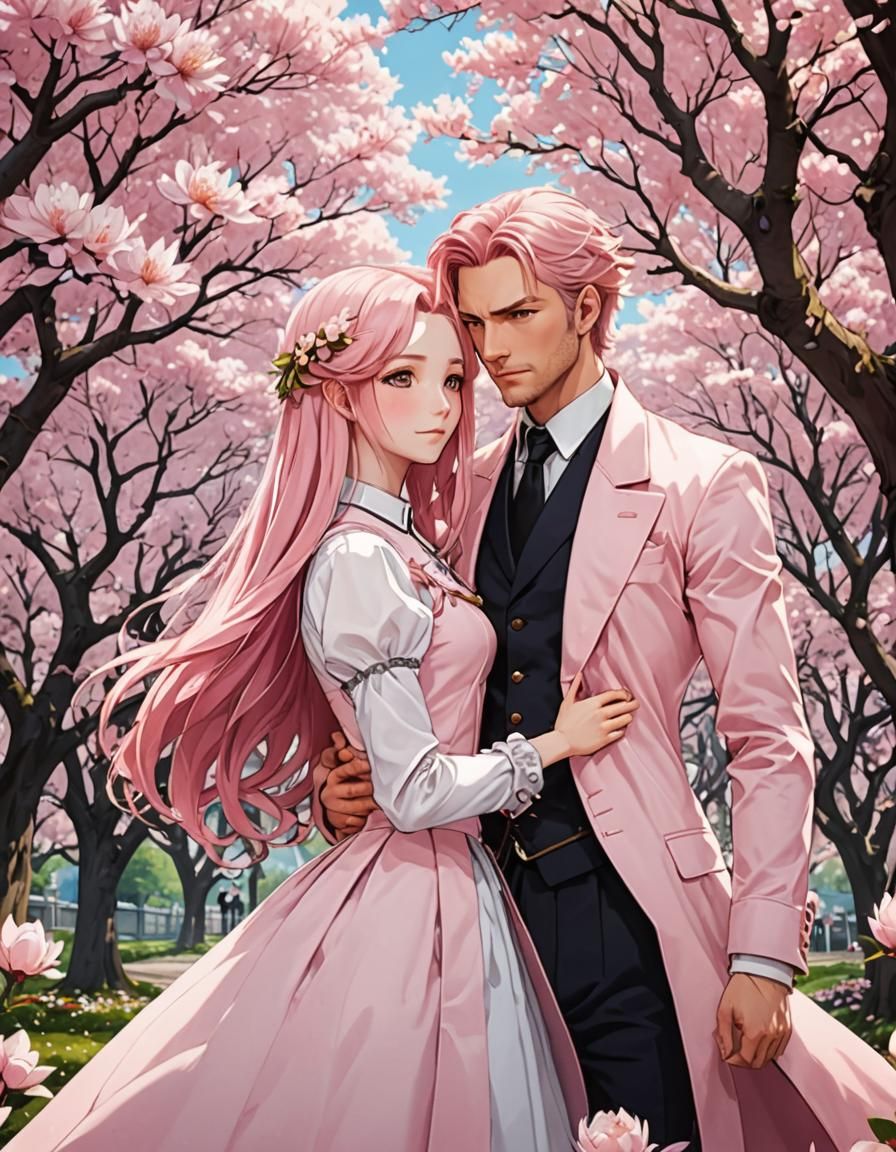 Anime Couple with Pink Hair and Magnolia Background