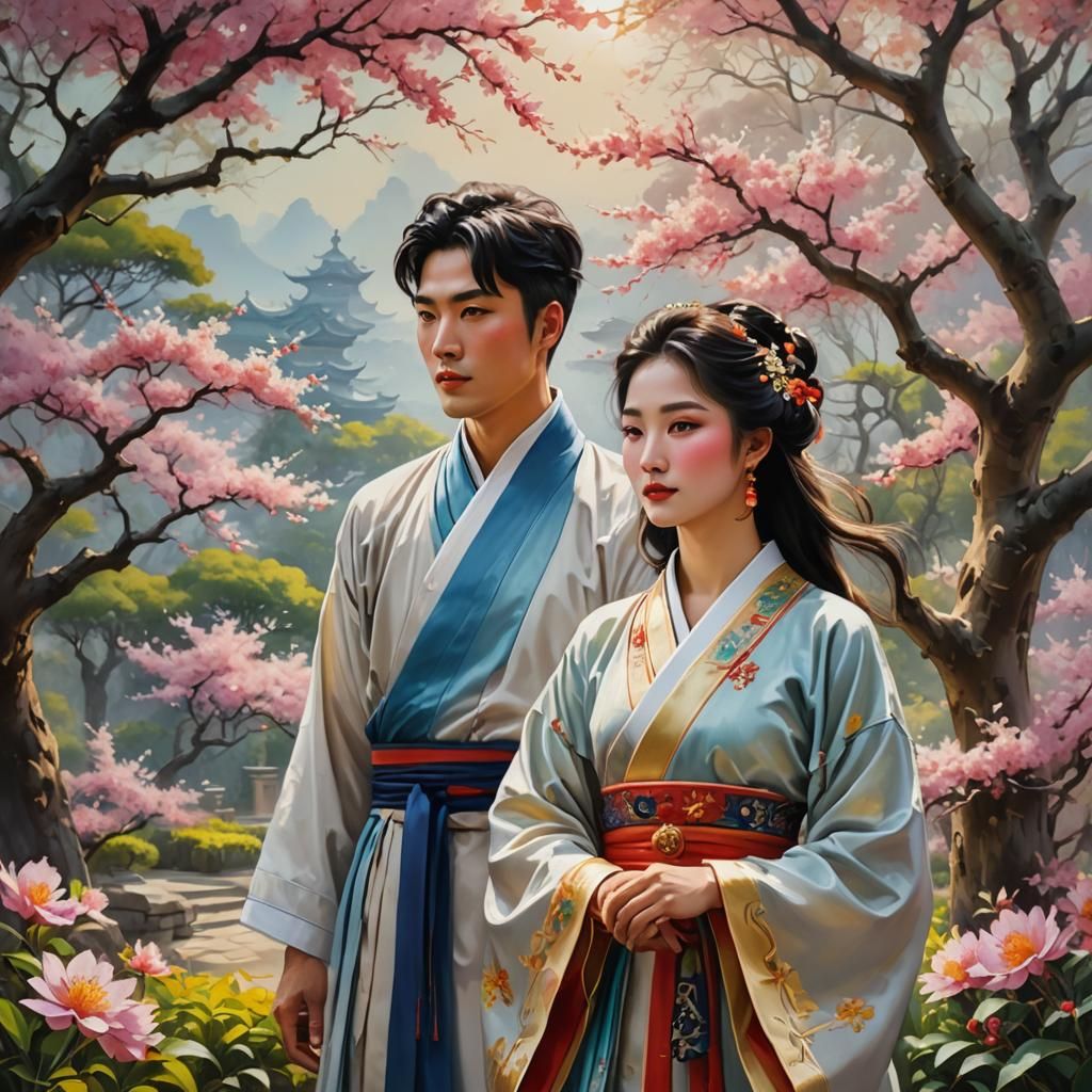 Chinese Couple in Flower Garden as Oil Painting