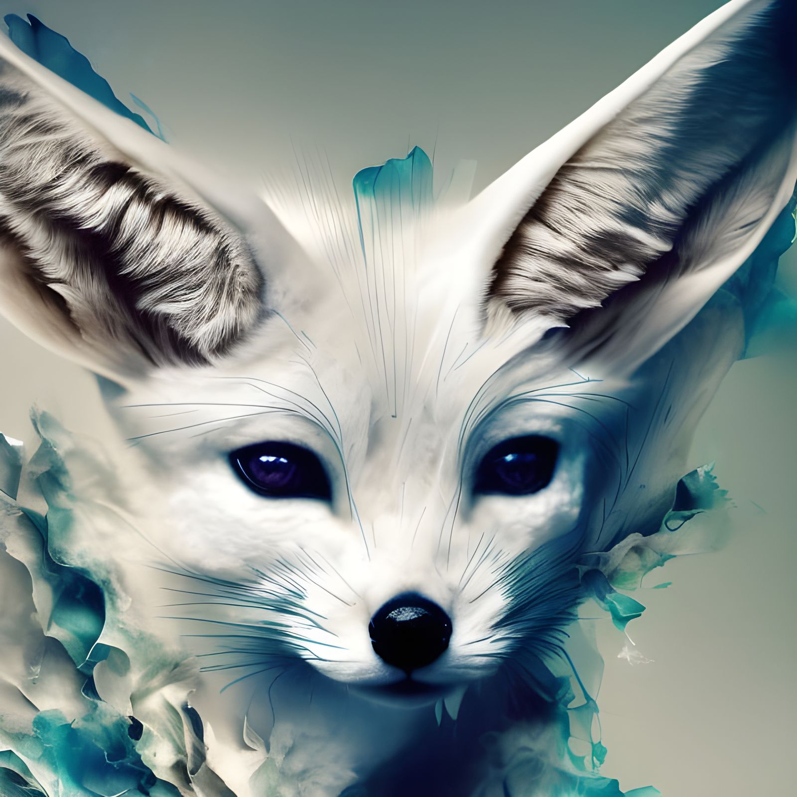 Adorable White Fennec Fox Portrait in Inkblot Style