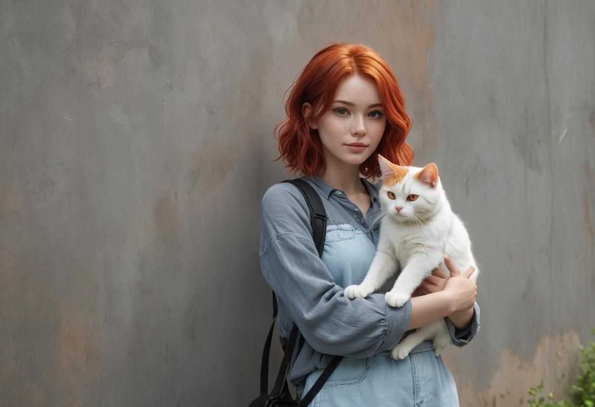 Woman with Red Hair Holding Cat in Comic Art Style