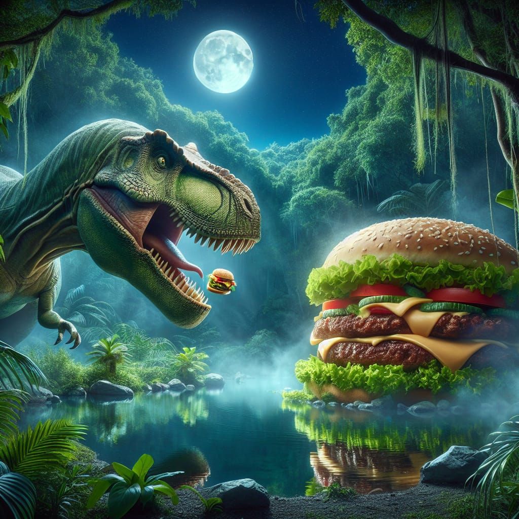 Dinosaur and Burger in Jungle Moonlight